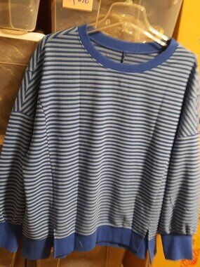 NEW TAG ! Fisoew Blue & White Striped Waffle Knit Sweatshirt Pullover Size L